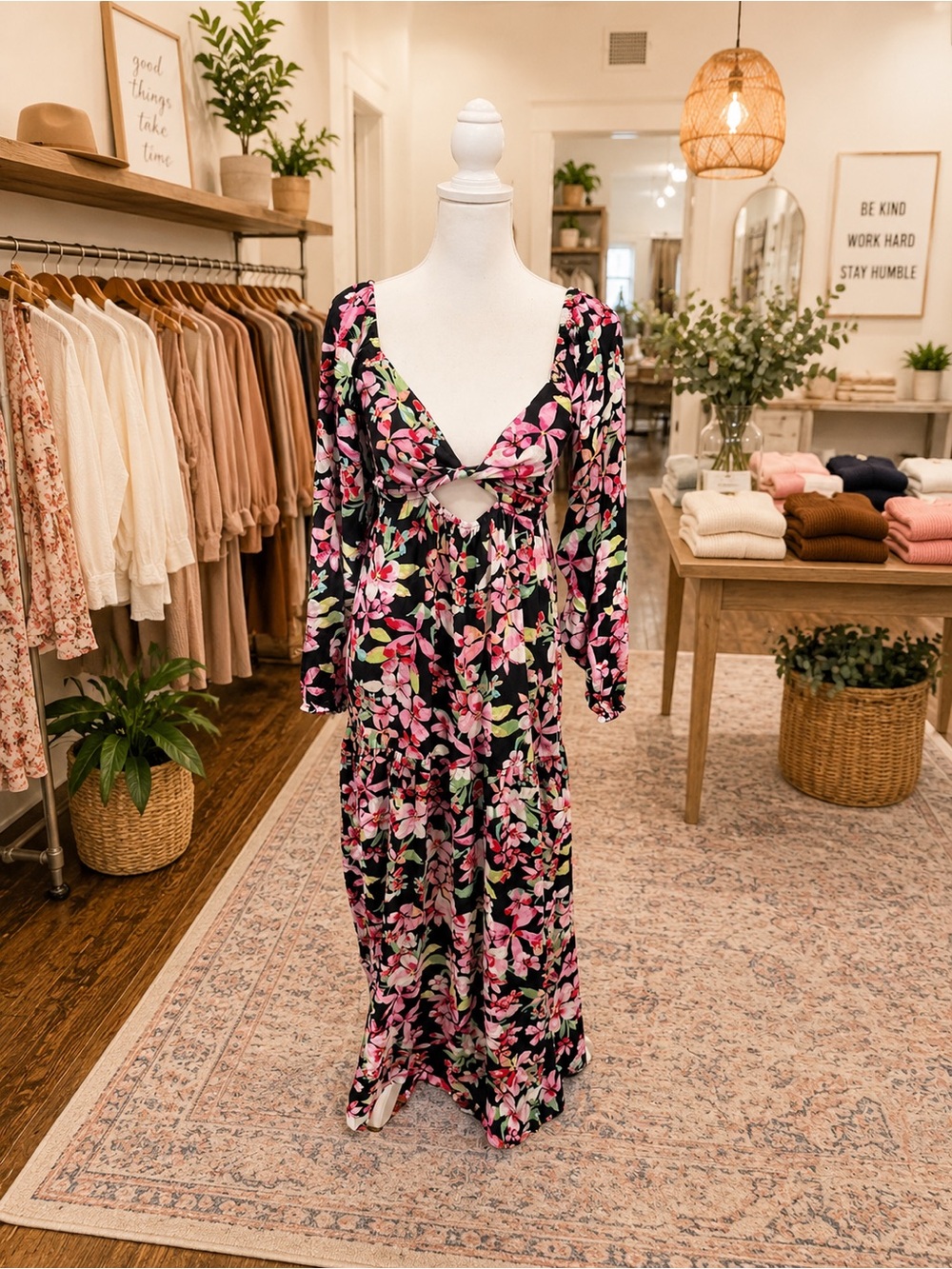 Roxy NWT Floral Twist Front Maxi Dress Smocked Back Off Shoulder Boho
